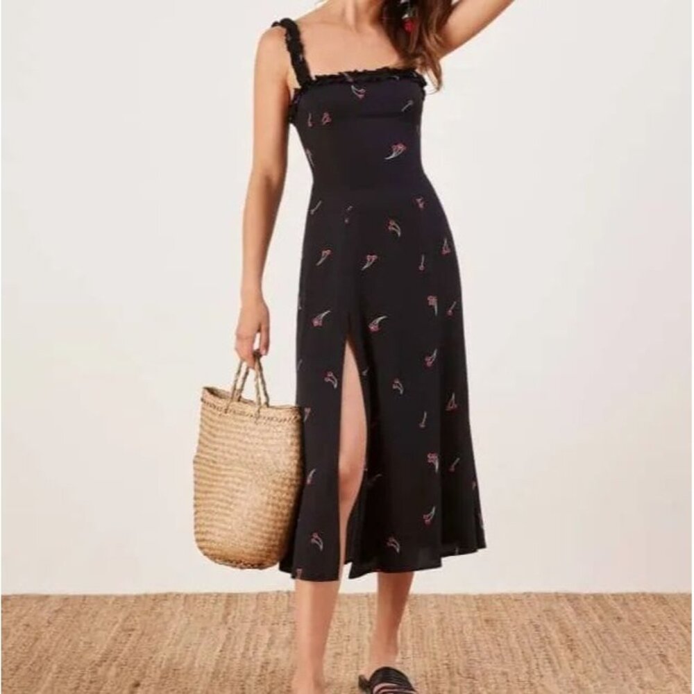 Reformation Black Midi Dress with Red Accents